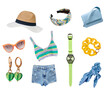 Summer clothes set isolated. Women's apparel. Collection of beach clothing.