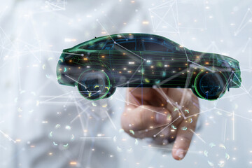 Poster - Electric car icon from lines, triangles and particle style