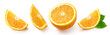 Tasty orange with half of orange and orange slices and leaves isolated on white background.
