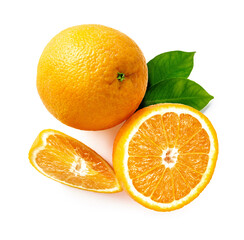 Poster - Top view of orange with half of orange and orange slice isolated on white background.