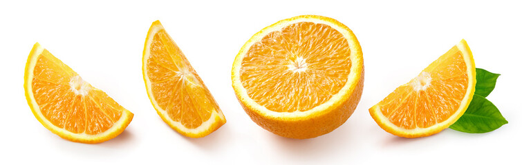 Wall Mural - Tasty orange with half of orange and orange slices and leaves isolated on white background.