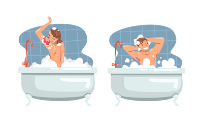 Canvas Print - Young Male and Female Bathing in the Bathtub Washing Hair and Body with Shampoo Vector Illustration Set