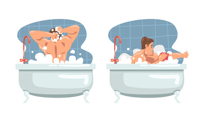 Canvas Print - Young Male Bathing in the Bathtub Washing Hair and Body with Shampoo Vector Illustration Set