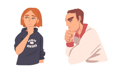 Poster - Thoughtful Man and Woman Character Scratching Head Thinking and Considering Something Vector Set