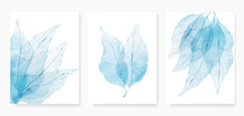 Art Background With Skeletons Of Leaves In Blue Tones In A Watercolor Style. Botanical Poster Set With Tree Leaves Close Up For Decoration, Print, Wallpaper, Interior Design