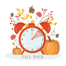Daylight Saving Time Concept.Alarm Clock  On The Autumn Leaves And Pumpkins Background. The Reminder Text - Set Clock Back One Hour. Vector Illustration