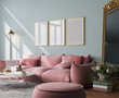 Poster mockup in modern living room with pink sofa and classic golden mirror on pastel interior background, 3d render