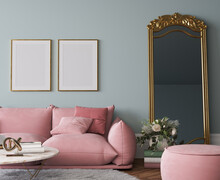Modern Living Room With Pink Sofa And Classic Golden Mirror On Pastel Interior Background, 3d Render