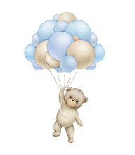 Teddy Bear With Blue Balloons..Watercolor Hand Painted Illustrations For Baby Boy Shower Isolated On White Background ...