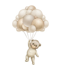 Teddy bear with neutral brown balloons..Watercolor hand painted illustrations for baby  shower isolated on white background ...