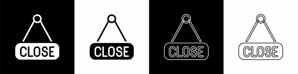 Poster - Set Hanging sign with text Closed icon isolated on black and white background. Business theme for cafe or restaurant. Vector