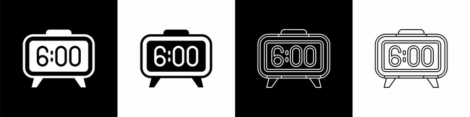 Poster - Set Digital alarm clock icon isolated on black and white background. Electronic watch alarm clock. Time icon. Vector