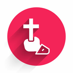 Wall Mural - White Christian cross icon isolated with long shadow. Church cross. Red circle button. Vector