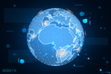 Poster - Hologram of globe. A holographic projection of planet earth. Flickering energy particles on blurry abstract dark wallpaper. Science, future and globalization concept. 3D Rendering.