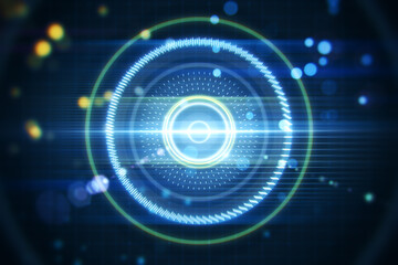 Poster - Creative blurry dark lens or round interface background with grid and blurry bokeh circles. Space, sci fi and flare concept. 3D Rendering.