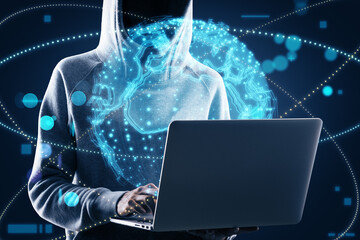 Aufkleber - Hacker hand using laptop with bright globe hologram. A holographic projection of planet earth. Flickering energy particles on blurry abstract dark background. 