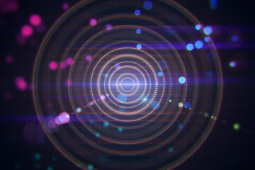 Poster - Abstract blurry dark lens or round interface texture with grid and blurry bokeh circles. Space, sci fi and flare concept. 3D Rendering.