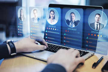 Poster - Hiring employee and human resources concept with digital interface with candidate profiles from online specialists and professional marketplace on man hands typing on modern laptop keyboard