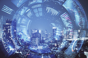 Financial analytics and monitoring data concept with abstract digital trading terminal interface on night city background