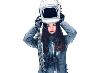 young girl in an astronaut suit. astronaut girl in space helmet. isolated on white background.space 