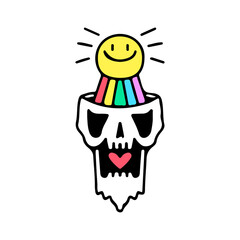 Skull head, with smile face, rainbow and heart, illustration for t-shirt, street wear, sticker, or apparel merchandise. With doodle, retro, and cartoon style.