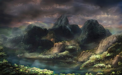 Wall Mural - Fantastic Epic Magical Landscape of Mountains. Summer nature. Mystic Valley, tundra. Gaming assets. Celtic Medieval RPG background. Rocks and grass. Beautiful sky with clouds. Lakes and rivers	