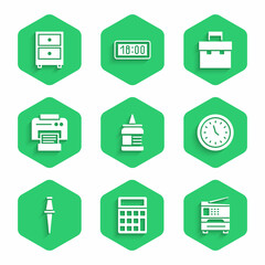 Poster - Set Glue, Calculator, Printer, Clock, Push pin, Briefcase and Drawer with documents icon. Vector