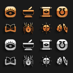 Poster - Set Spider, Life, Magic stone, Sun, Ancient magic book, scroll, Masons and Mortar and pestle icon. Vector