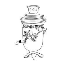 Vector contour sketch of a samovar for tea drinking. A symbol of hospitality.