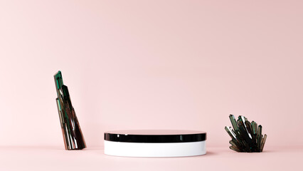 Fototapete - Podium empty showcase pedestal product display for cosmetic presentation. Composition with round scene and black cristals. Abstract Pastel pink geometric shape blank platform. 3d Rendering