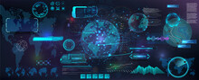 Sci-fi HUD Elements Collection. Earth Globe 3D Objects From Different Angles In A Futuristic Style With HUD, UI Elements. Control Center Dashboard With Worldwide Tracking System. Cyber Network. 3D Set