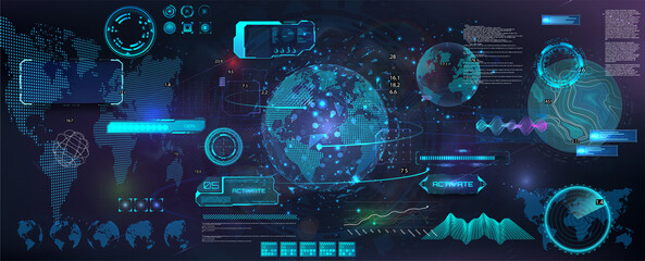 Poster - Sci-fi HUD elements collection. Earth Globe 3D objects from different angles in a futuristic style with HUD, UI elements. Control center dashboard with worldwide tracking system. Cyber network. 3D set