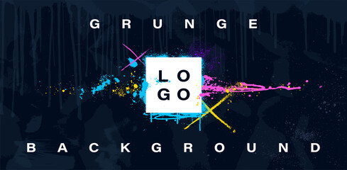 Poster - Creative background with paint splatter and place for text. Graffiti grunge background with spray texture and colorful splashes. Street art graffiti abstract banner. Colorful grunge vector poster