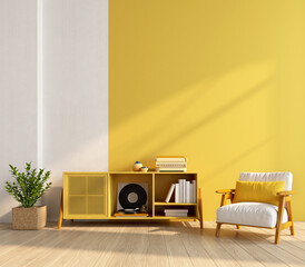 Canvas Print - Mock up room in modern style with armchair,cabinet and yellow wall background.3d rendering