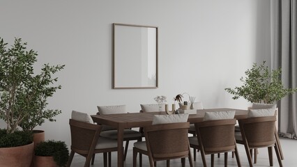 Wall Mural - Scandinavian modern dining room render with empty frame mockup, table, chairs, concrete floor and plants