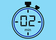 2 minutes icon isolated on blue background. Watch, timer, countdown symbol.