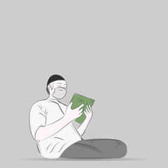 Poster - Line art muslim boy reading holy Quran