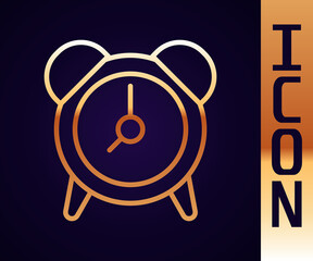 Poster - Gold line Alarm clock icon isolated on black background. Wake up, get up concept. Time sign. Vector