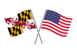 The state of Maryland and America crossed flags. Maryland and American flags on white background. Vector icon set. Vector illustration.