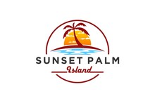 Beach Island Logo With Palm Coconut Tree And Sunset Icon Design Water Wave Sea