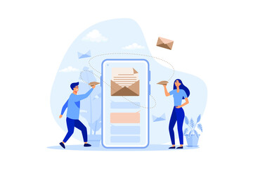 Poster - phone users online chat. people with paper planes sending electronic messages. flat vector illustrat