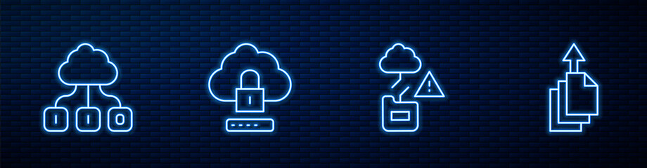 Poster - Set line Cloud technology data transfer, , computing lock and Data export. Glowing neon icon on brick wall. Vector