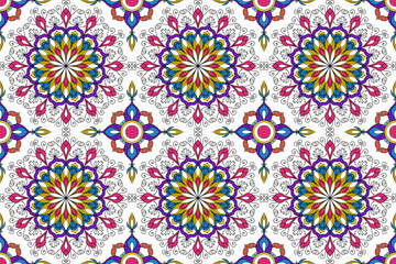 Wall Mural - Abstract geometric ethnic mandala seamless pattern design. Aztec fabric carpet mandala ornaments textile decorations wallpaper. Tribal boho native mandalas turkey traditional embroidery vector 