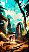 Mayan Civilization Forest Cave Hand-painted Straight Version Scene