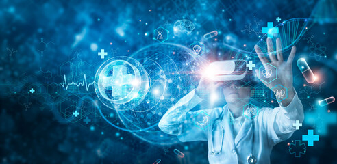 Aufkleber - .Medicine doctor wearing virtual reality glasses checking and testing result of patient with simulator on media futuristic medical, Science, Innovation and technology of healthcare.
