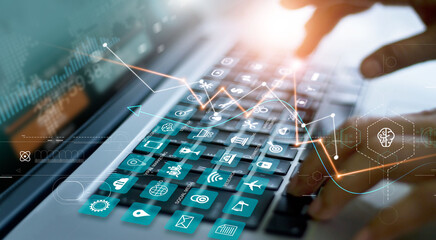 Fototapete - Data science, Business and AI, Programmer, Algorithm, Artificial Intelligence and Digital Technology. Software engineer use laptop  and programming analysis for business on global internet networking.
