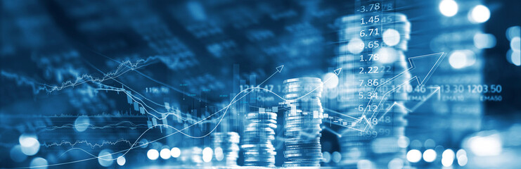 Leinwandbilder - Finance and business concept. Investment graph and rows growth of coins on display of market quotes, stock market and data, rate exchange, blue color tone.