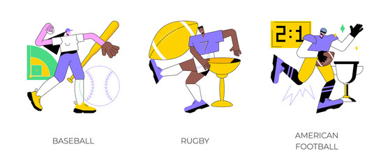 Poster - team sport abstract concept vector illustration set. baseball, rugby and american football, playing 