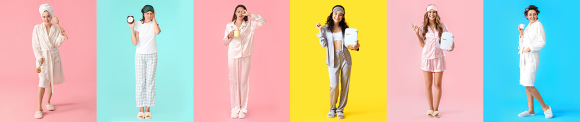 Sticker - Set of beautiful women in pajamas and bathrobes, with sleep masks, cups of coffee, brushes, alarm clock and makeup refrigerators on color background