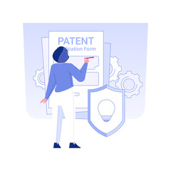 Poster - Secure copyright isolated concept vector illustration. Person filling patent application form, secure copyright, launching product process, intellectual property protection vector concept.